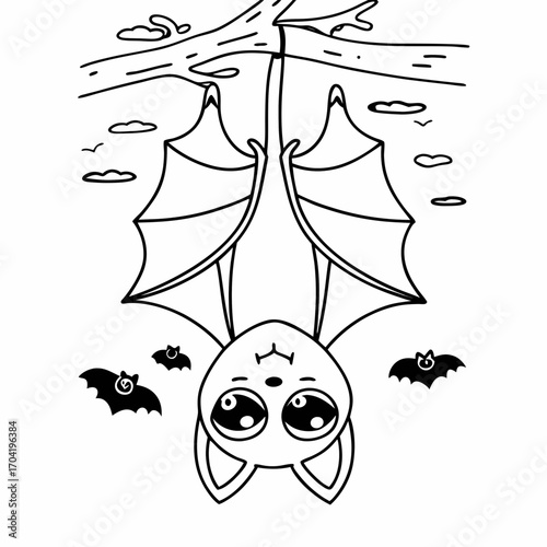Adorable cartoon bat hanging upside down from a tree branch with cute smaller bats flying around it against a cloudy sky illustration
