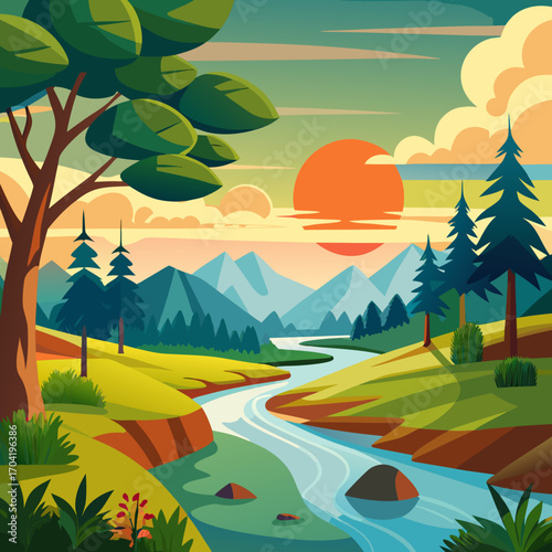 Stunning vector landscape with a winding river and majestic mountains, perfect for travel posters and nature-themed designs, bringing the serenity of outdoors, originally a scalable design