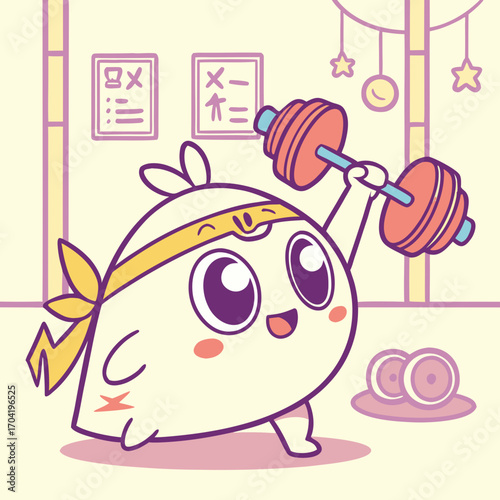 Adorable cartoon character with big purple eyes and a yellow headband enthusiastically lifting a dumbbell in a gym setting with japanese text on the wall and decorative stars hanging