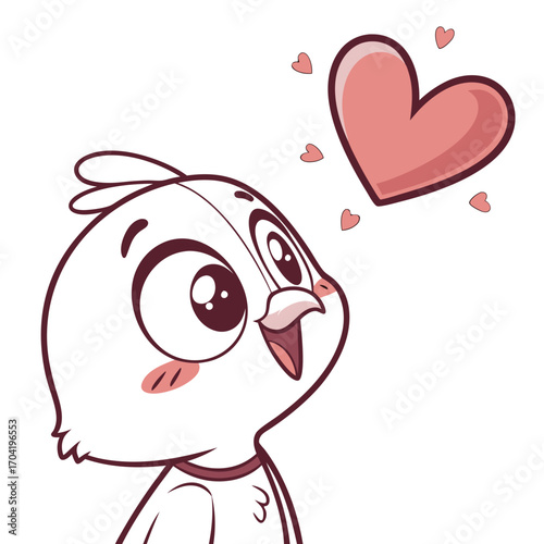 Adorable cartoon chick with big eyes and rosy cheeks looking up at a floating pink heart surrounded by smaller hearts expressing love and affection