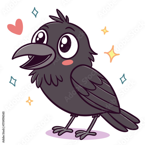 Adorable cartoon crow with big eyes and a happy expression surrounded by sparkling stars and a pink heart perfect for children s illustrations and cute designs
