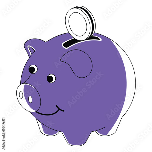 Vector art of a vibrant purple piggy bank with a coin inserted, symbolizing saving money and financial security
