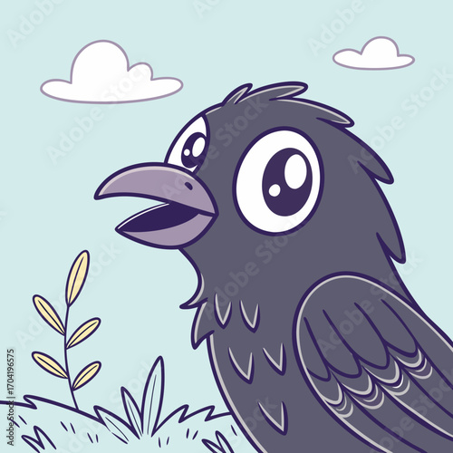 Adorable cartoon crow with big eyes and an open beak looks up at fluffy clouds in a light blue sky surrounded by grass and a small plant