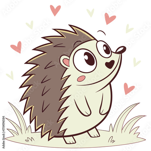 Adorable cartoon hedgehog with big eyes and blush on cheeks surrounded by cute pink and yellow hearts and green grass on a white background