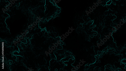 Dark abstract background with subtle glowing teal fractal lines and smoky wave patterns. Ethereal, futuristic, and mysterious atmosphere with fluid organic textures