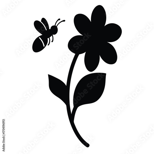 Silhouette illustration of a bee flying towards a flower, isolated on white