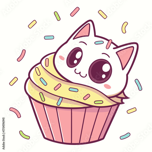 Adorable kawaii cat face peeking out of a delicious cupcake adorned with colorful sprinkles and topped with sweet frosting perfect for celebrations and sweet treats
