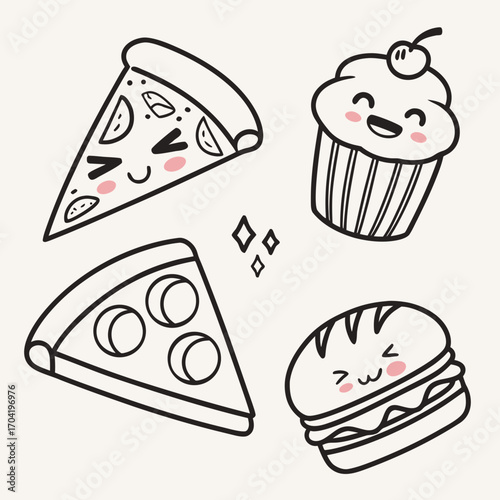 Adorable kawaii food characters including slices of pizza a cupcake and a burger with cute faces and blushing cheeks on a light background