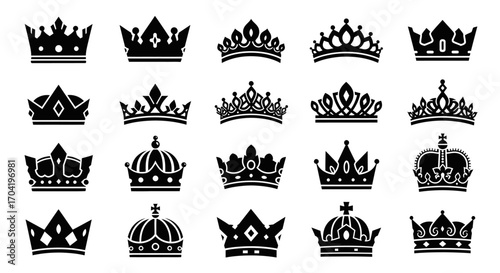Crown silhouette collection. A diverse set of black vector icons representing royalty, monarchy, and luxury. Graphic design elements for heraldry