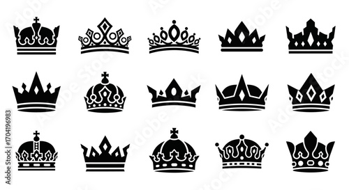 A diverse collection of black vector crown silhouettes. Set of isolated royal icons and monarchical symbols for heraldry and design