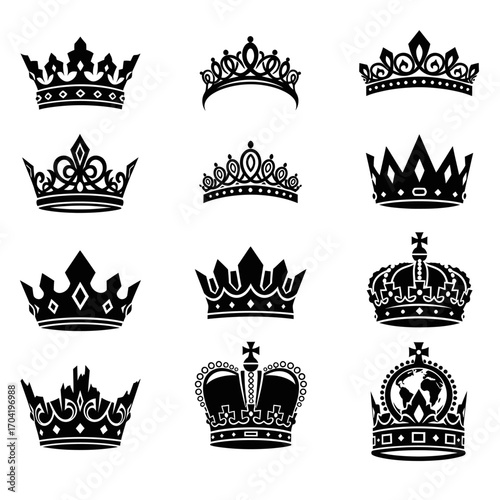 Assortment of majestic crown designs in black silhouette for royalty and heraldry concepts