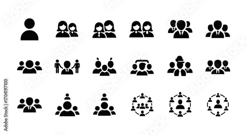 A versatile collection of black vector glyph icons representing people, users, groups, teams, and social communities for web and app design elements