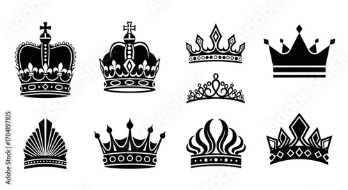 A diverse set of eight royal crown and tiara icons, presented in a bold black vector silhouette style for heraldic design and luxury branding