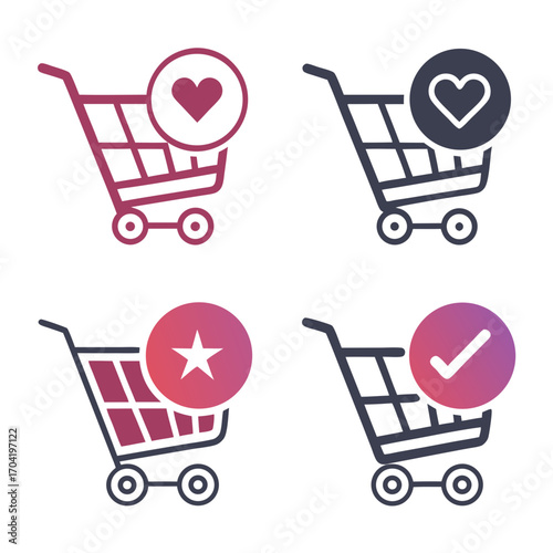 Collection of four shopping cart icons with different status indicators including a heart a star and a checkmark representing e commerce and online shopping functions