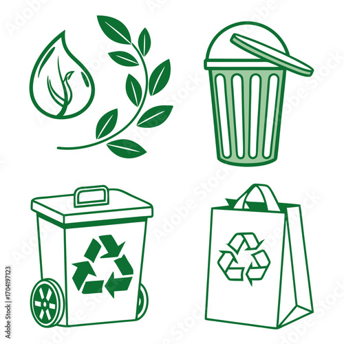 Collection of green eco friendly icons including a water drop with a leaf a plant branch a trash can with a lid a wheeled recycling bin and a shopping bag with a recycling symbol