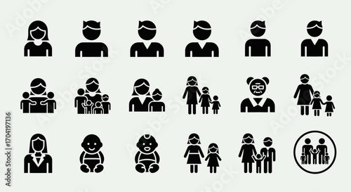 A versatile collection of black glyph icons depicting people, diverse family structures, and community groups, isolated on a light background