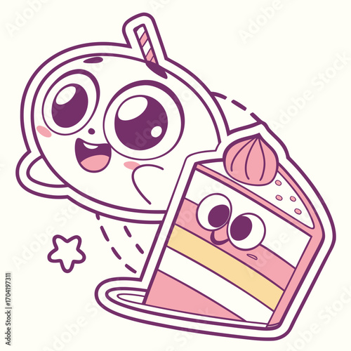 Cute cartoon character with big eyes and a happy expression peeking from behind a slice of delicious layered cake with pink frosting and a straw