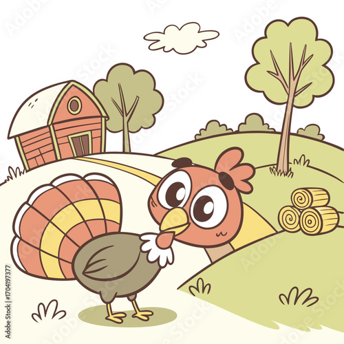 Cute cartoon turkey with colorful tail feathers peeking from behind a grassy hill on a farm with a red barn and trees under a cloudy sky