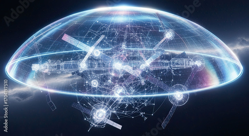 Futuristic defense industry network dome protecting orbital satellite cluster with glowing nodes and grid connection in space
