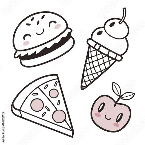 Cute kawaii style food illustrations featuring a happy burger ice cream cone pizza slice and cherry with blush cheeks on a white background