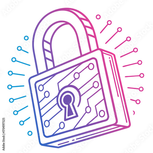 Digital padlock with circuit board pattern and radiating lines symbolizing data security and cybersecurity protection in a modern technological concept
