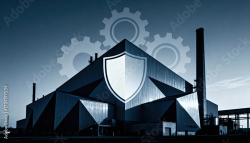 Industrial factory exterior with shield and gear overlay symbolizing defense and industry resilience and security at dusk