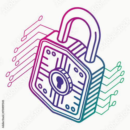 Digital padlock with circuit board connections and gradient colors representing cybersecurity and data protection in technology