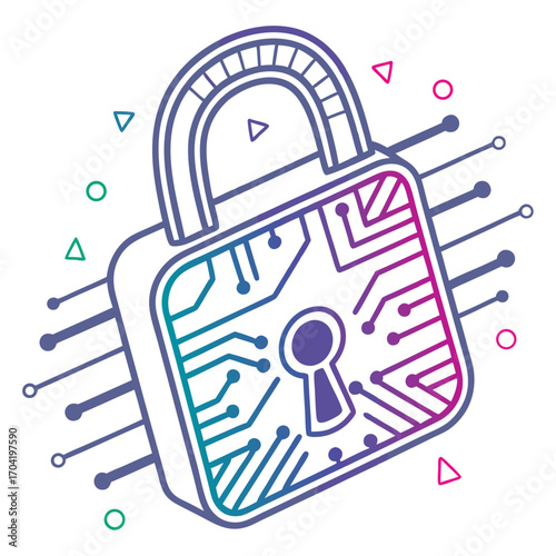Digital padlock with integrated circuit board design and colorful geometric shapes representing data security and technology innovation