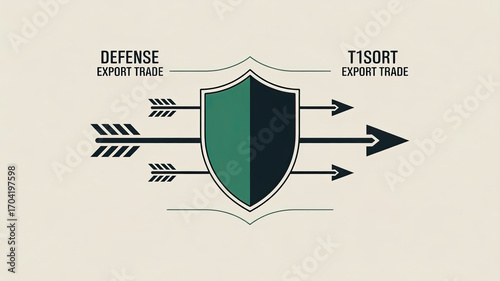 Defensive shield symbol with arrows representing defense industry export trade and secure protection