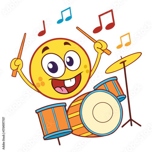 Excited cartoon smiley face character joyfully playing a drum set with musical notes floating around representing rhythm and happiness in a vibrant illustration
