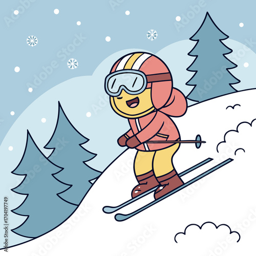 Happy cartoon character skiing down a snowy slope wearing a helmet and goggles surrounded by pine trees and falling snowflakes conveying winter fun and activity