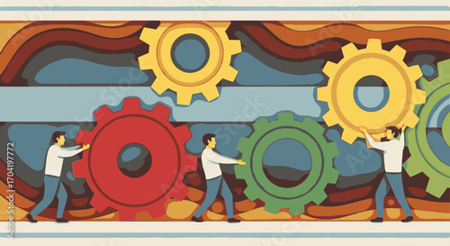 A team of four people working together to assemble a large, colorful gear mechanism, symbolizing collaboration and process.