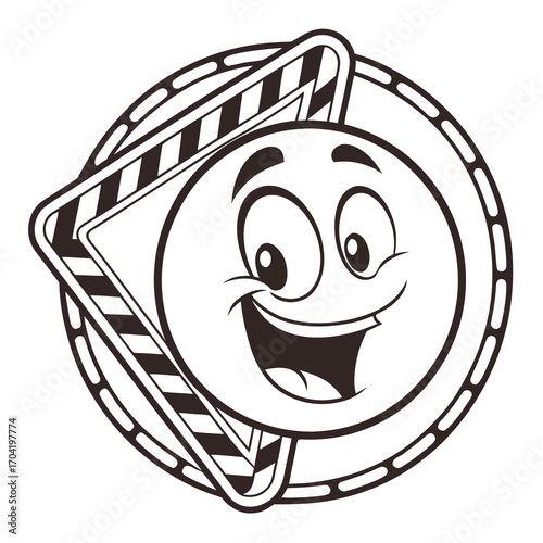 Happy cartoon face with a warning sign and a circular border representing a fun and friendly warning or alert symbol with a playful expression
