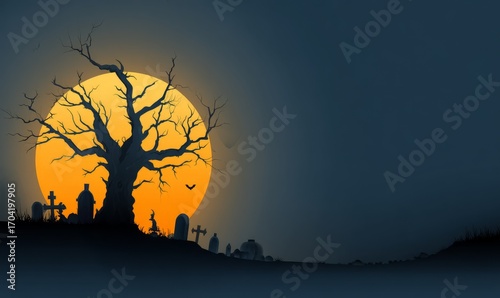 Silhouette of a dead tree and graveyard under a large, ominous orange moon.