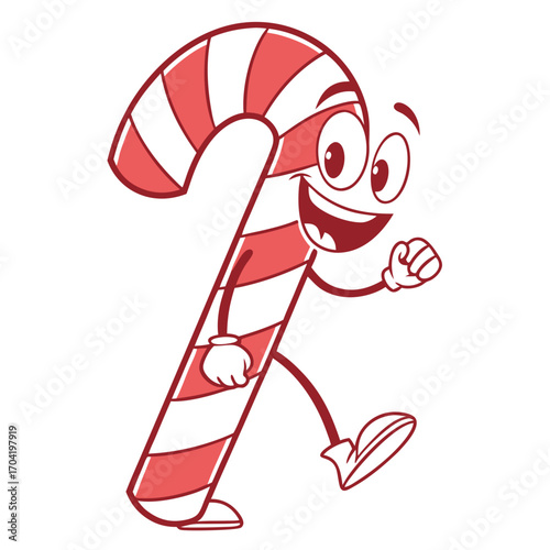 Joyful cartoon candy cane character with a big smile and arms in motion walking energetically with a festive and happy holiday spirit