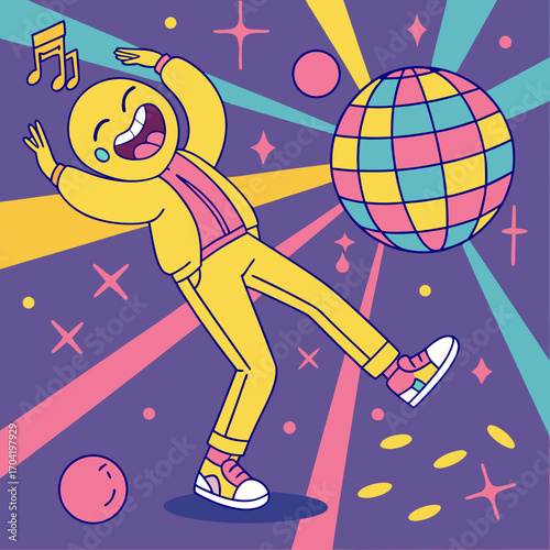 Joyful cartoon character dancing energetically under a colorful disco ball with radiating light beams and musical notes celebrating a fun party atmosphere