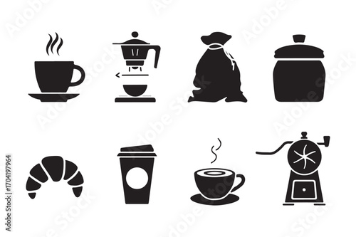 Coffee and pastry icons for breakfast and cafes