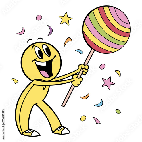 Joyful cartoon character with a big smile holding a large colorful striped lollipop surrounded by falling confetti and stars celebrating a happy event or party