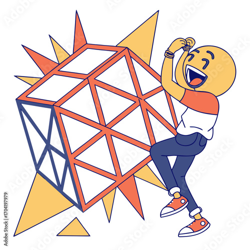 Joyful cartoon character with a yellow emoji face celebrating triumphantly while climbing a complex geometric structure with sharp orange and yellow shapes bursting outwards