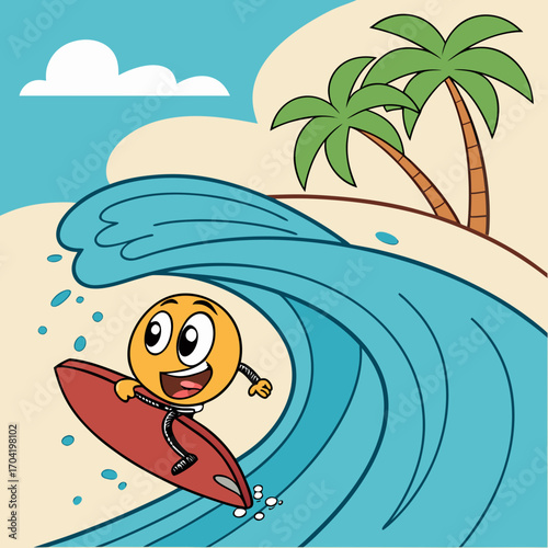 Joyful cartoon emoji character with big eyes and a wide smile enthusiastically surfing a large blue wave on a red surfboard near a tropical beach with palm trees and clouds under a bright blue sky