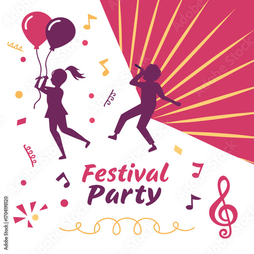 Joyful silhouettes of a girl with balloons and a singer performing at a vibrant festival party with confetti and musical notes