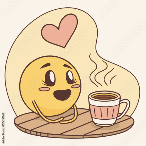 Joyful yellow emoji character with rosy cheeks and wide eyes delightedly anticipates a steaming cup of coffee on a wooden coaster with a pink heart floating above