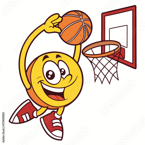 Joyful yellow smiley face character wearing red sneakers leaping to dunk a basketball into a hoop
