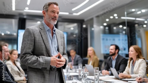 Confident Leadership: An experienced business leader commands attention during a focused corporate conference meeting, radiating authority and clarity within a modern office setting. 