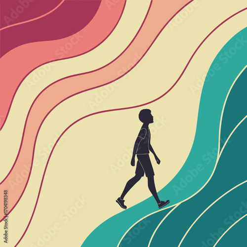 Silhouette of a young man walking uphill on a wavy abstract background with retro color palette and flowing lines representing progress and journey