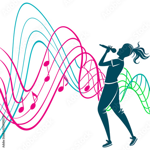 Silhouette of a young woman singing into a microphone with vibrant abstract musical notes and flowing lines representing sound waves on a white background