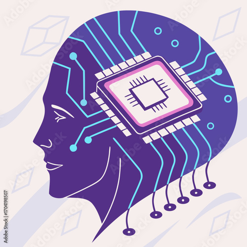Stylized illustration of a human head profile with a central processing unit integrated into the brain symbolizing artificial intelligence and technological advancement in the digital age