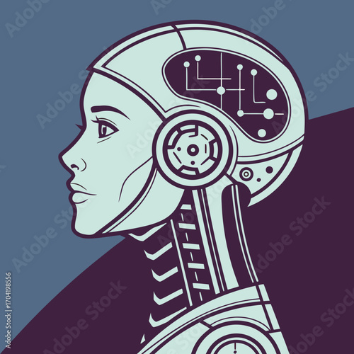 Stylized profile of a futuristic female cyborg head with visible circuit board patterns inside the transparent cranium and mechanical neck details against a minimalist background