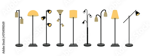 Collection of Floor Lamps. Different style of floor lamp. Modern lamp interior. Living room interior. Set of living room lamp.