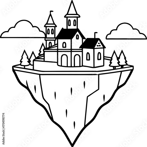 Micro clocktower village on levitating island fantasy illustration, Miniature floating village with clocktower, Whimsical levitating clocktower town, Magical tiny village on floating island